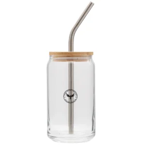 Soda Can Glass 16 oz With Lid and Straw CRF logo