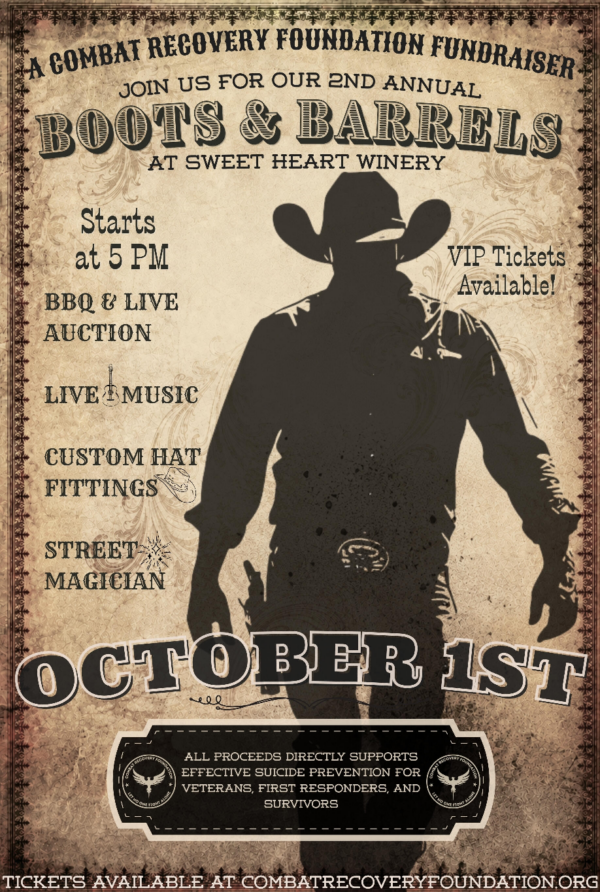 Boots & Barrels 2026 fundraiser poster for Combat Recovery Foundation, October 1 at Sweet Heart Winery, benefiting veteran suicide prevention