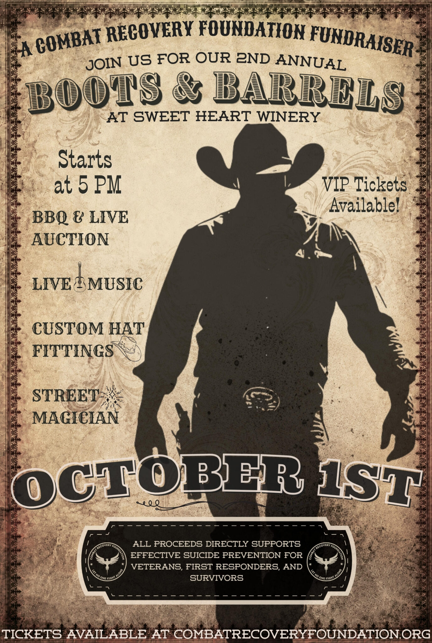 Boots & Barrels 2026 fundraiser poster for Combat Recovery Foundation, October 1 at Sweet Heart Winery, benefiting veteran suicide prevention